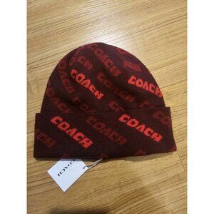 Coach Knit Beanie Hat Text Red Wool Warm All Over Print